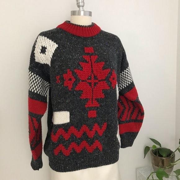 Vintage Chunky Geometric Grey White and Red Mock Turtleneck Sweater - Picture 3 of 8